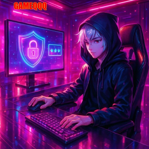 Imagem promocional da GAMEQQQ enfatizando login rápido e plataforma protegida